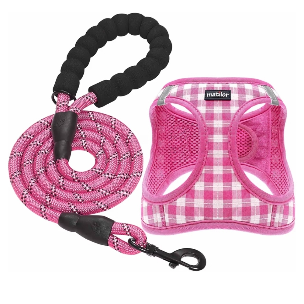 Pink Checkered Dog Harness and Leash Set
